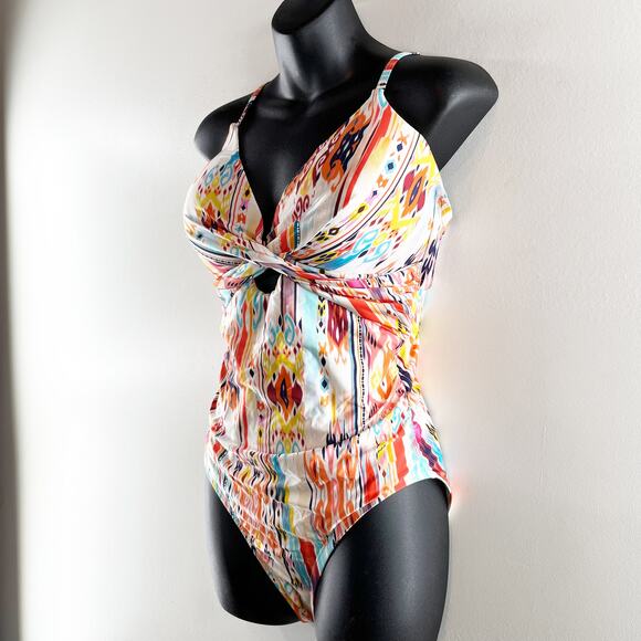 LA Blanca Twist Keyhole One Piece Printed Swimsuit White Medium - Picture 7 of 7